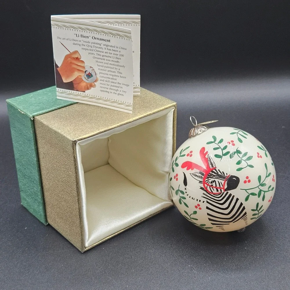 Pier 1 Li Bien 2015 Zebra Reindeer Antlers Hand Painted Glass Ornament with Box